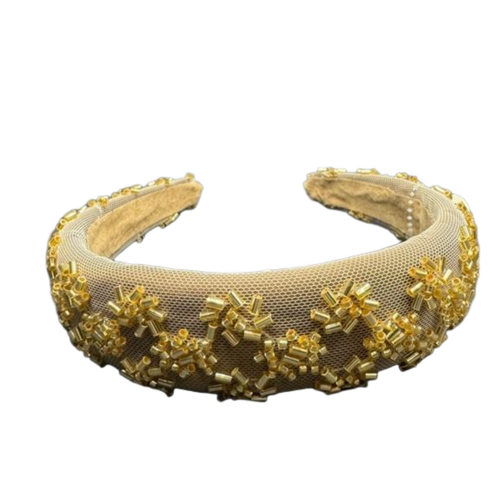 Beaded Metallic Headband - Tan - Elegant Starburst Design - NWT